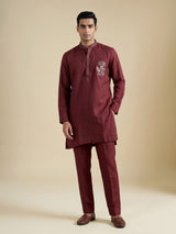 Maroon cotton linen kurta suit for men with festive embellishments