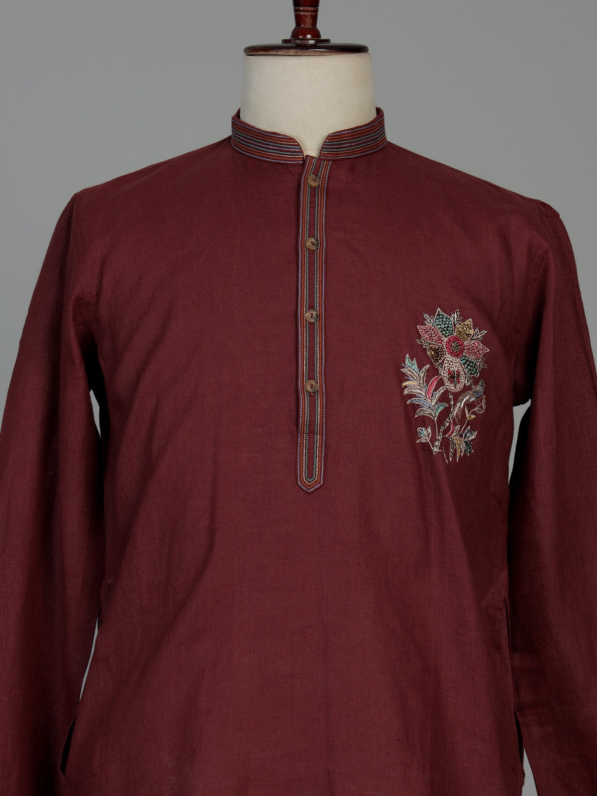 Maroon cotton linen kurta suit for men with festive embellishments