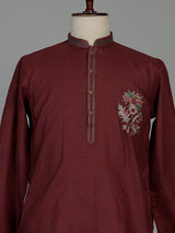 Maroon cotton linen kurta suit for men with festive embellishments
