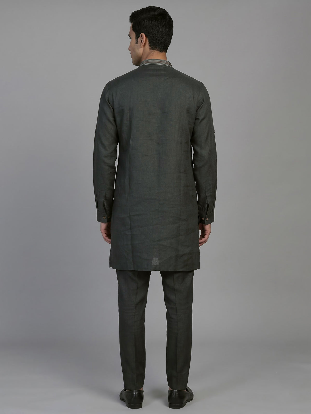 Black cotton linen kurta suit for men with zardosi detailing