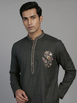Black cotton linen kurta suit for men with zardosi detailing
