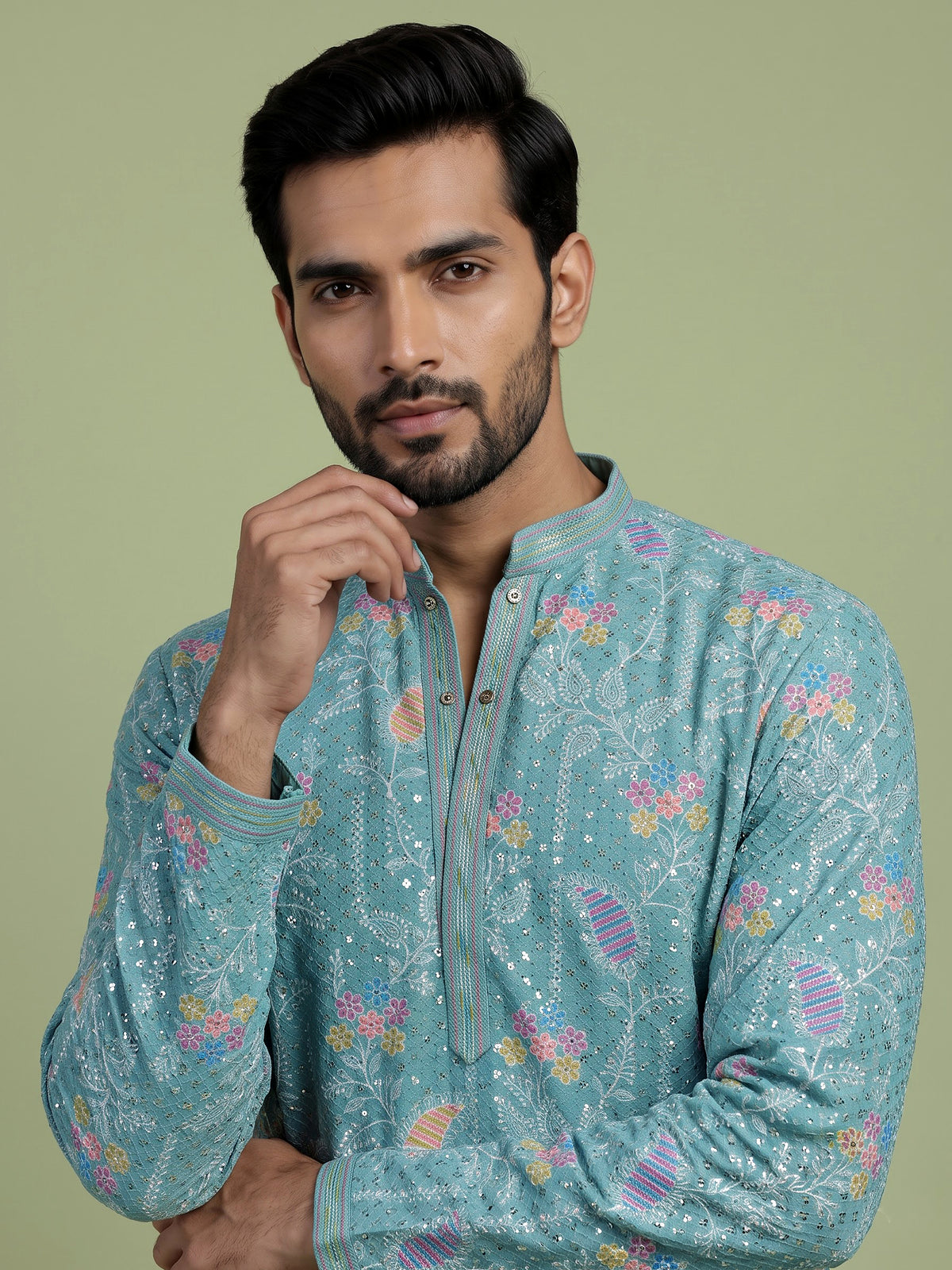 Aqua blue printed cotton kurta suit for men celebrations