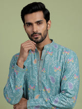 Aqua blue printed cotton kurta suit for men celebrations