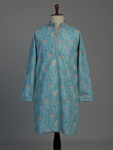 Aqua blue printed cotton kurta suit for men celebrations