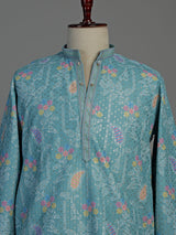 Aqua blue printed cotton kurta suit for men celebrations