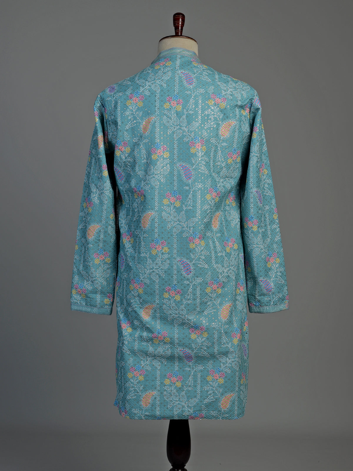 Aqua blue printed cotton kurta suit for men celebrations