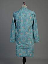 Aqua blue printed cotton kurta suit for men celebrations