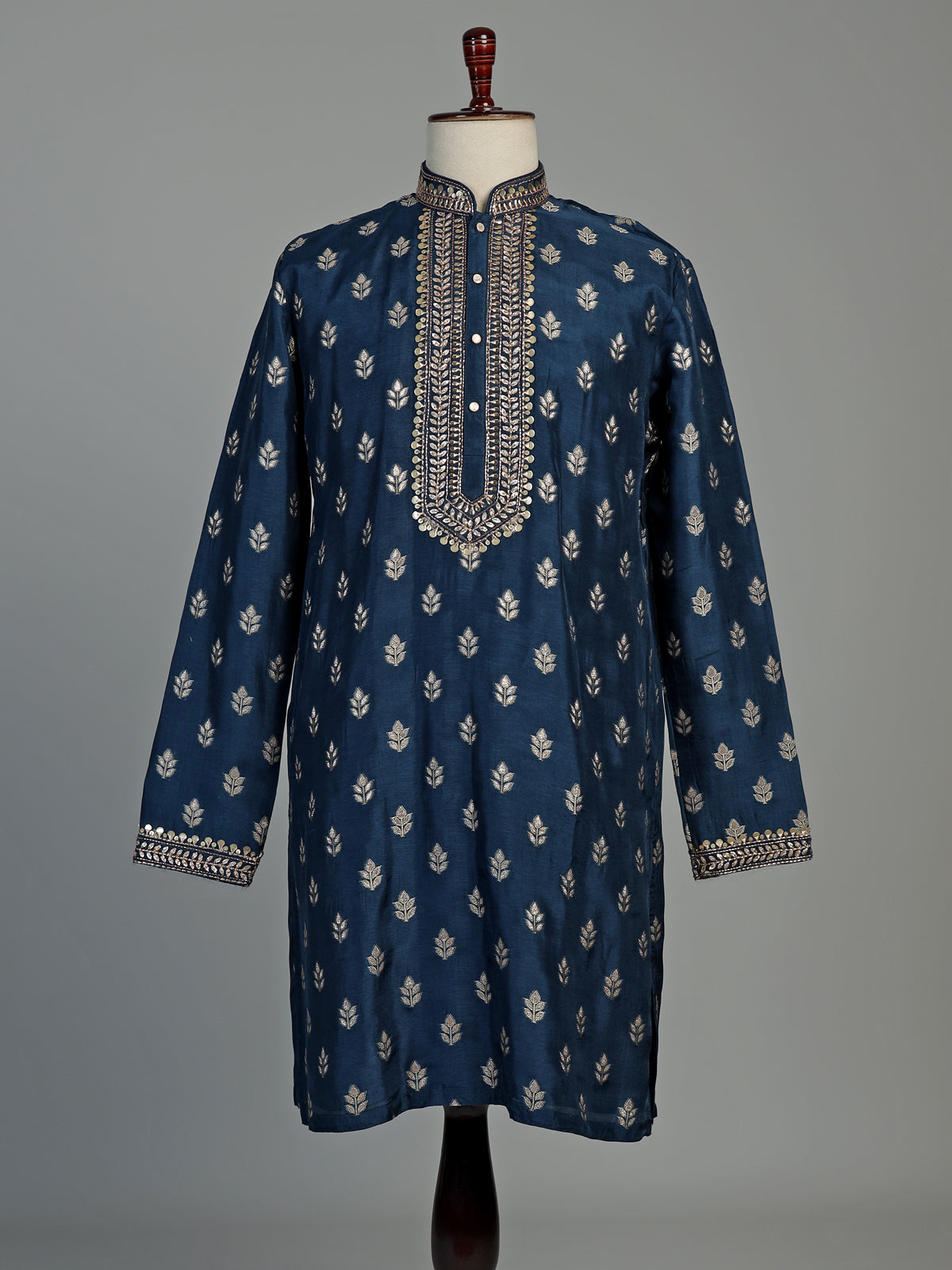 Navy silk kurta suit for men with zari and cutdana work