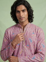 Light pink printed cotton kurta suit for men celebrations