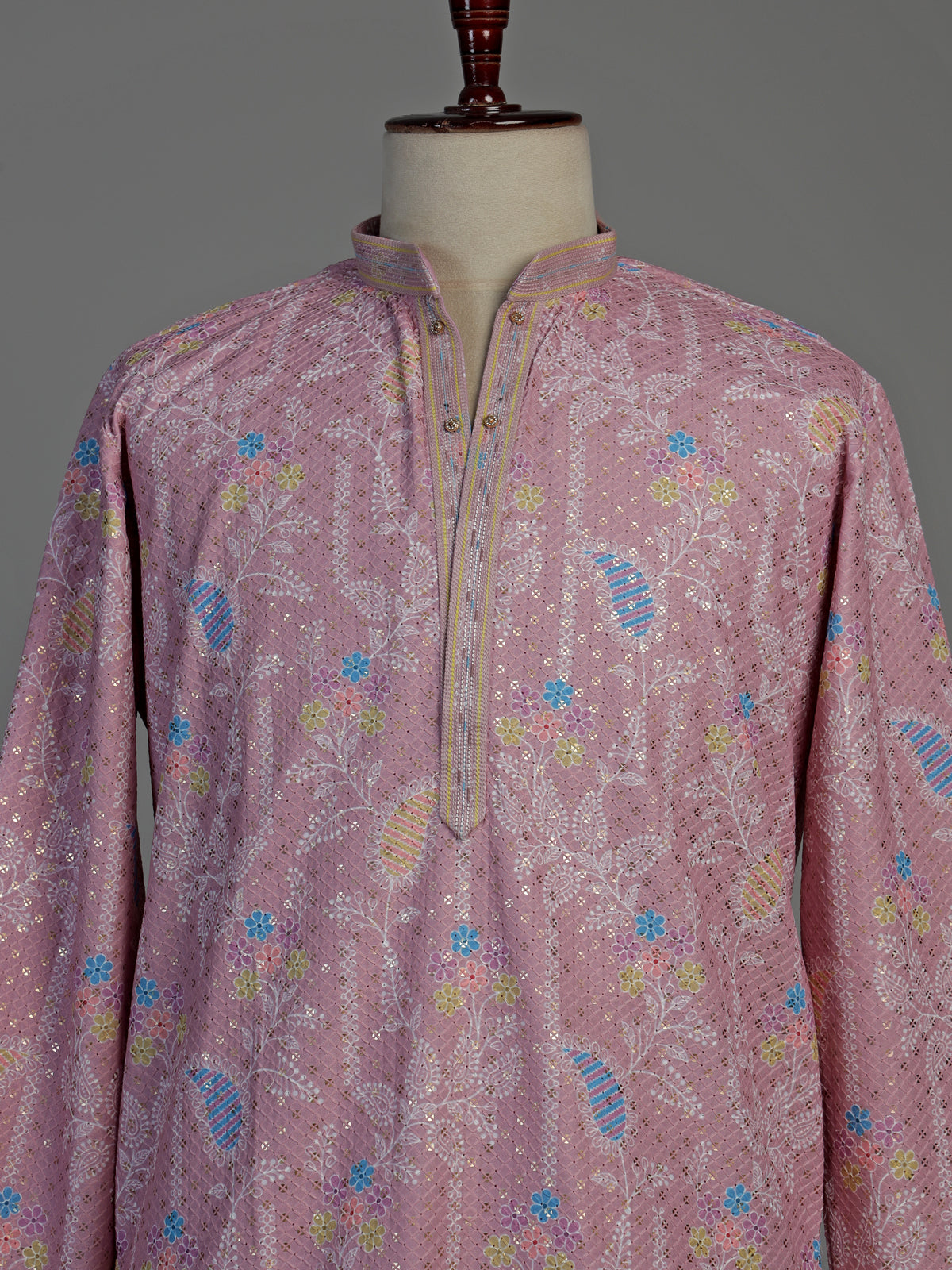 Light pink printed cotton kurta suit for men celebrations