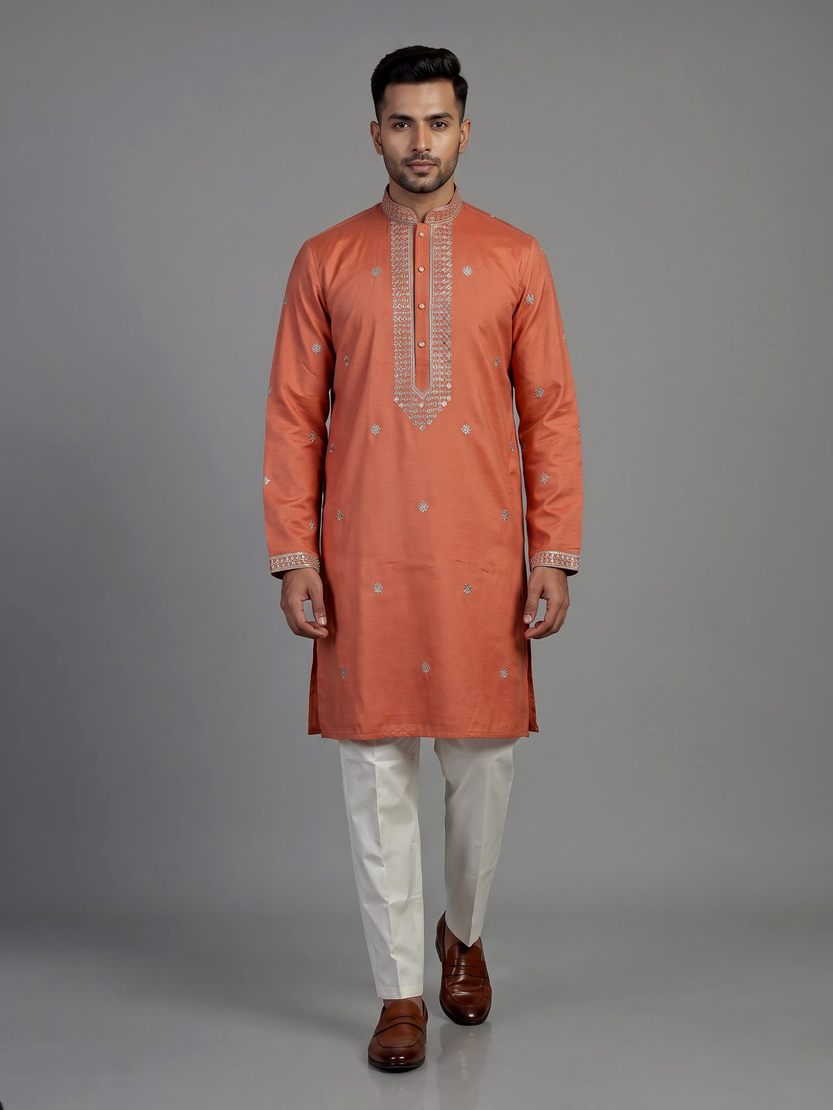 Orange cotton silk embroidered kurta suit for men celebrations