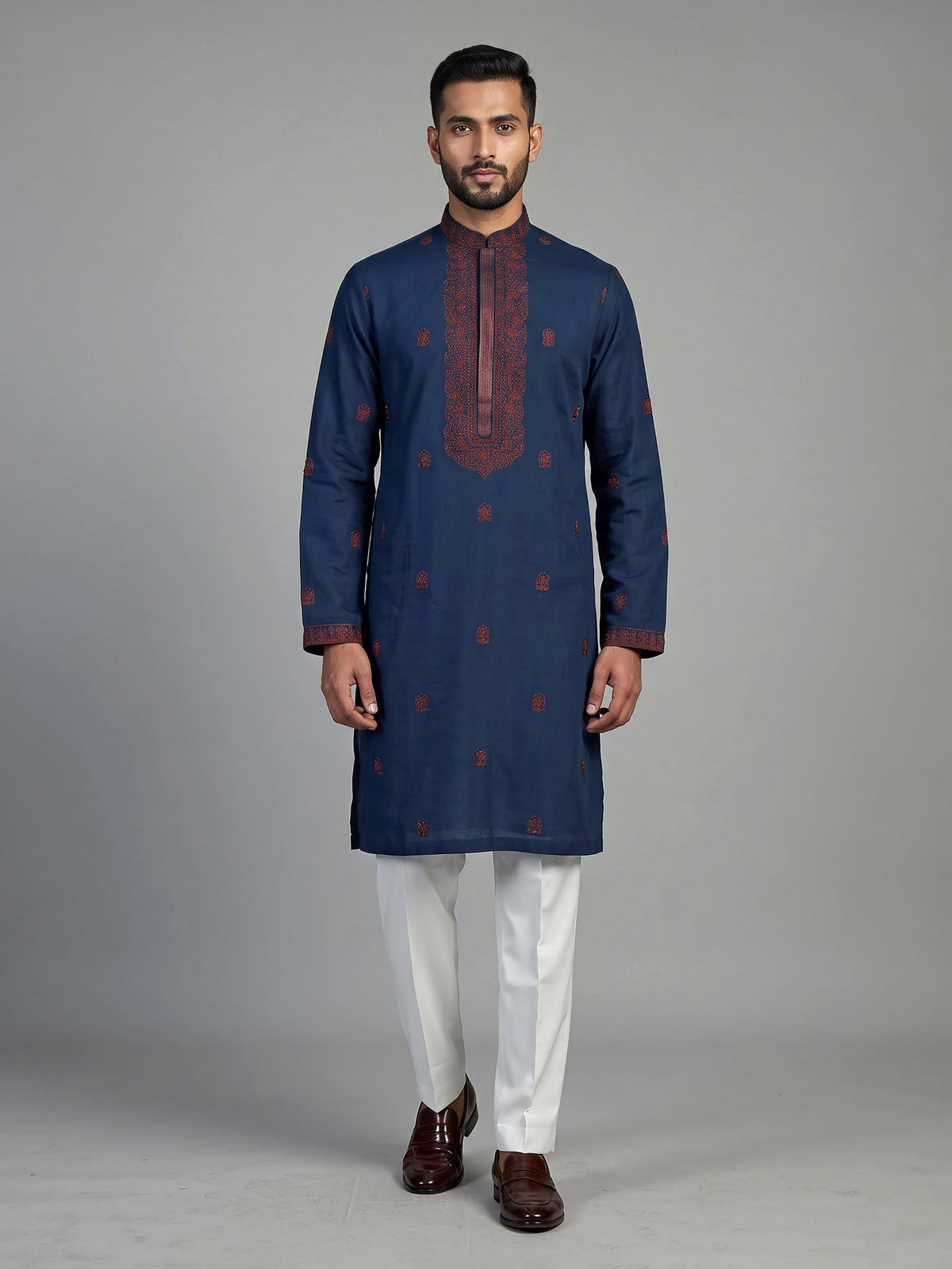 Blue cotton kurta suit for men with cutdana and thread work