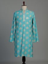 Aqua blue printed cotton silk kurta suit for men
