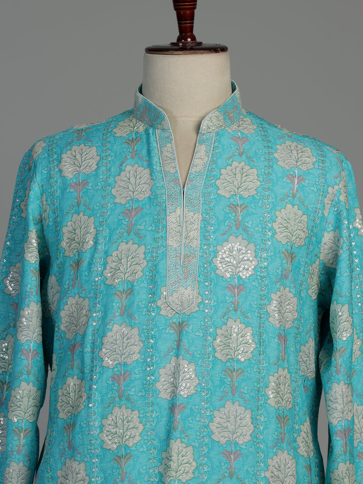 Aqua blue printed cotton silk kurta suit for men