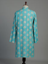 Aqua blue printed cotton silk kurta suit for men