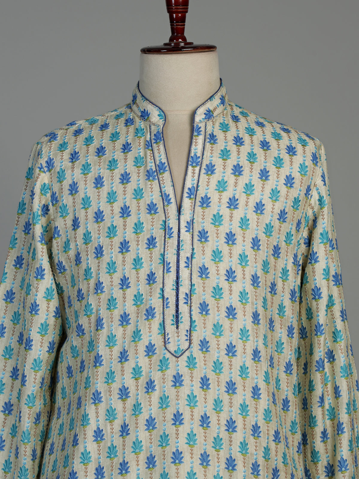 Cream and blue printed silk kurta suit for men with threadwork
