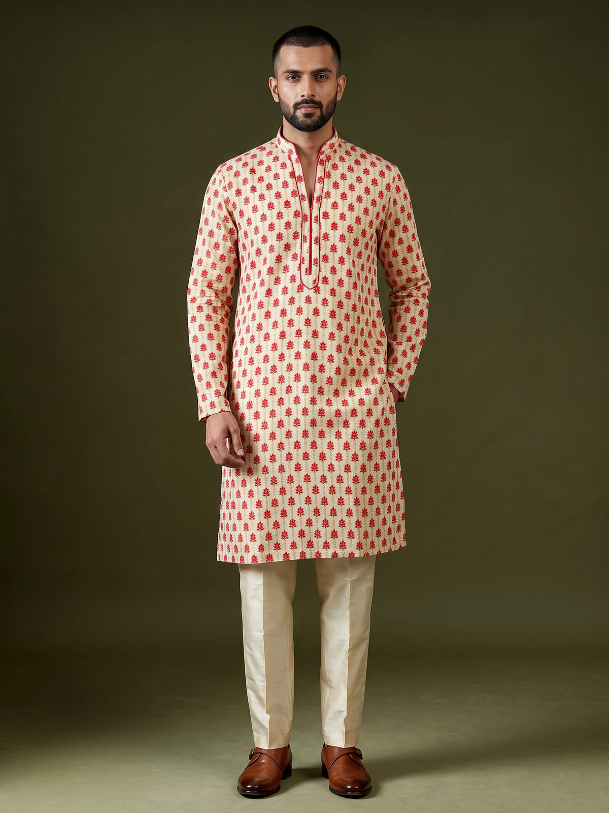 Cream and red printed silk kurta suit for men with threadwork