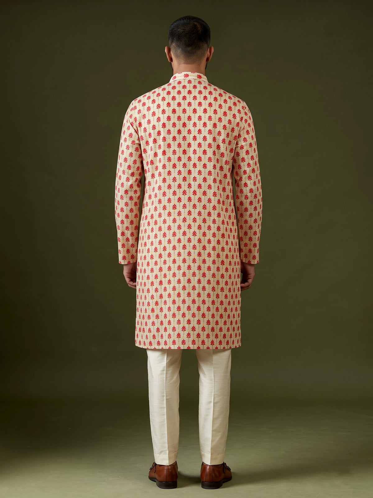 Cream and red printed silk kurta suit for men with threadwork
