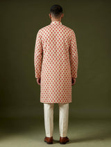 Cream and red printed silk kurta suit for men with threadwork
