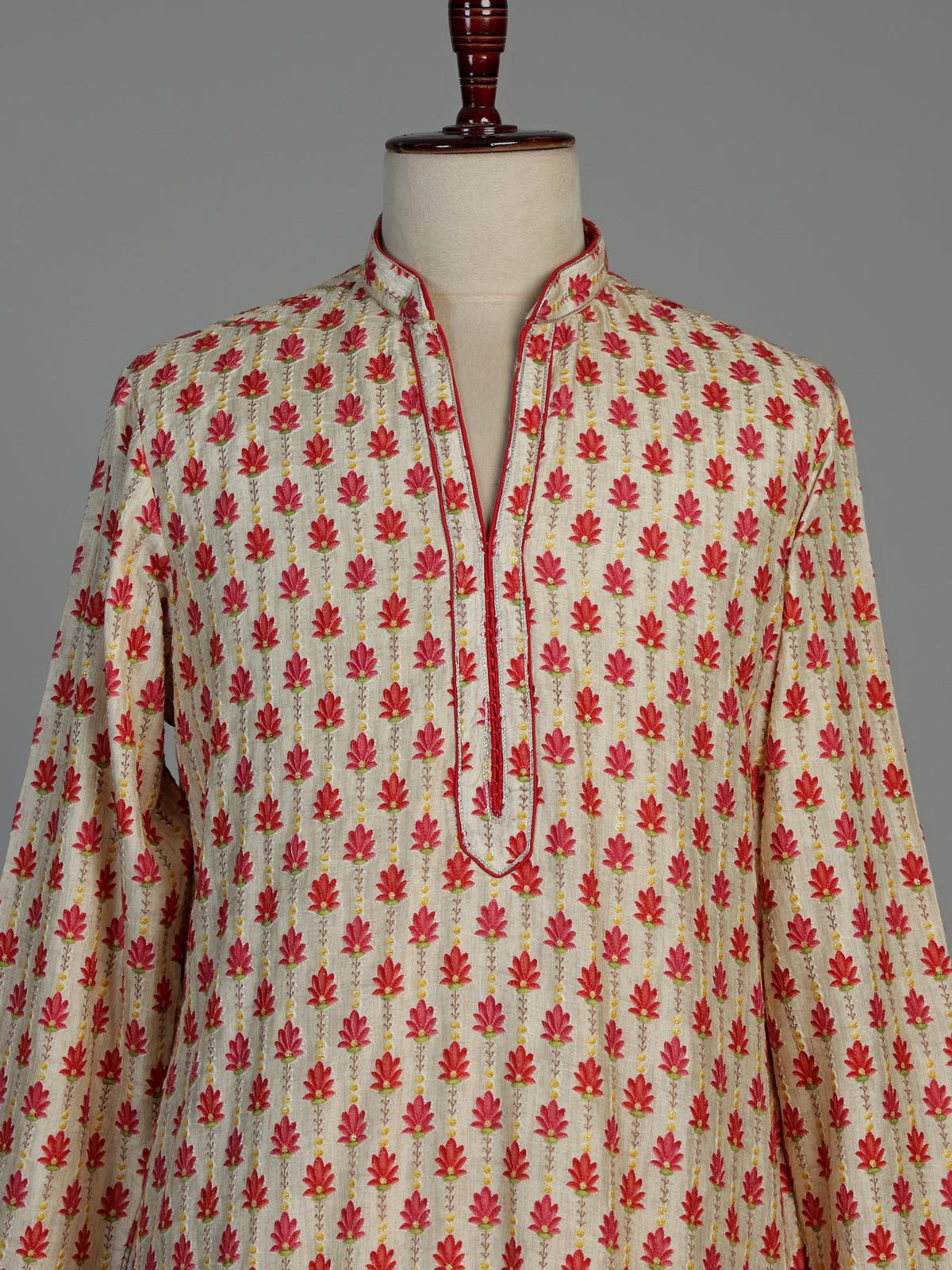 Cream and red printed silk kurta suit for men with threadwork