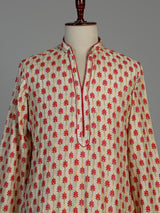 Cream and red printed silk kurta suit for men with threadwork