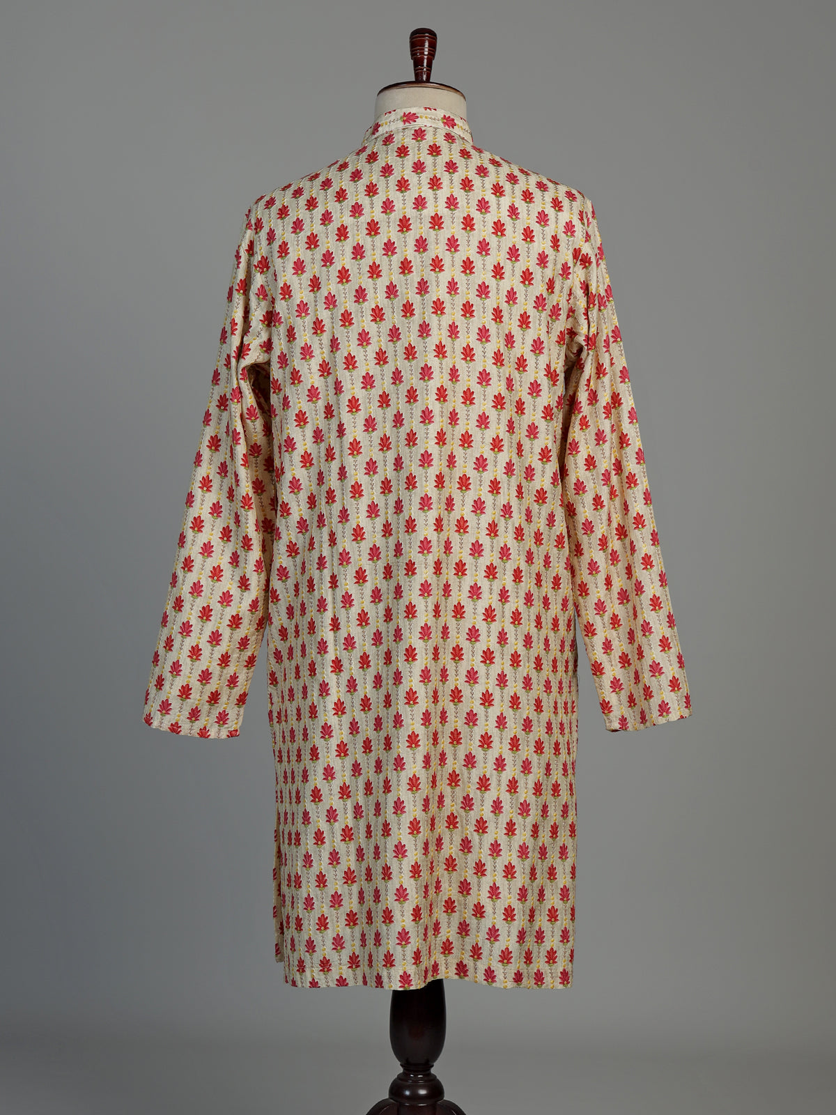 Cream and red printed silk kurta suit for men with threadwork