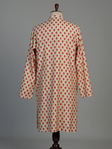 Cream and red printed silk kurta suit for men with threadwork