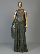 Mehendi green chiffon silk palazzo suit for women with dupatta