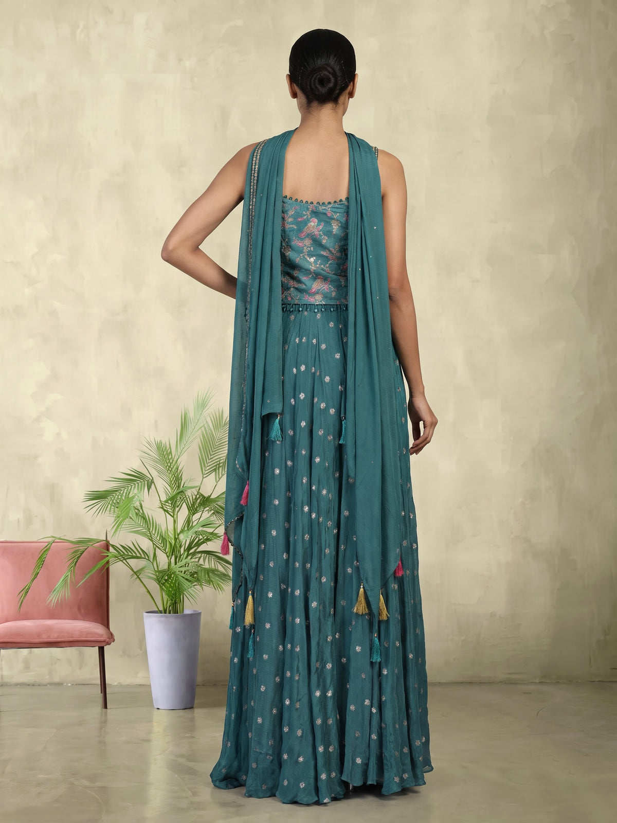 Rama green chiffon silk palazzo suit for women with dupatta