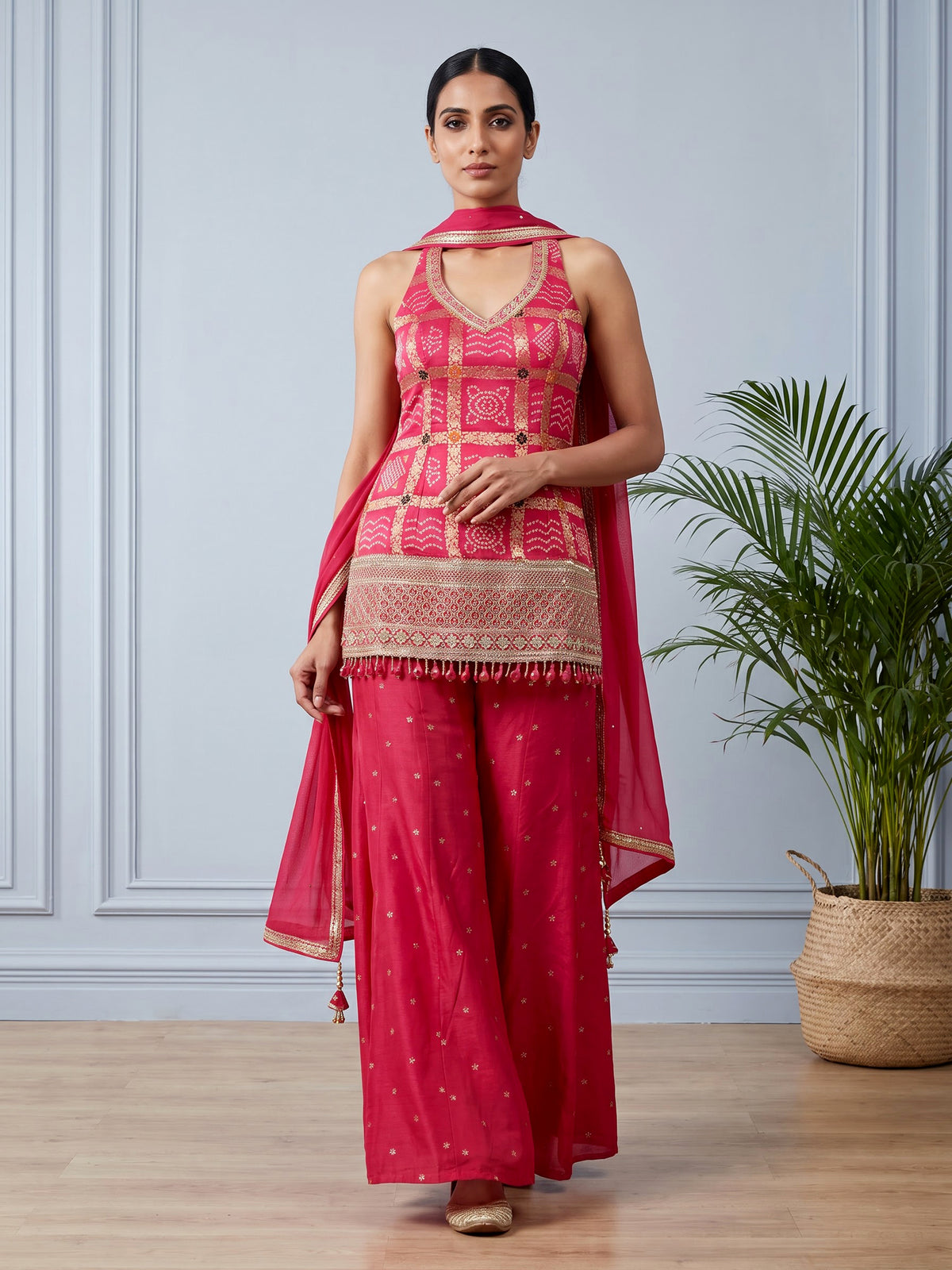 Rani pink silk palazzo suit for women with dupatta