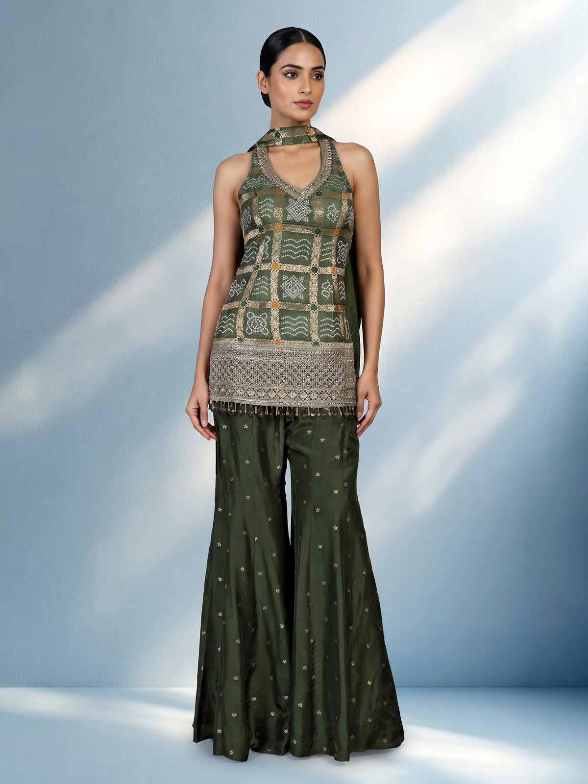 Mehendi green silk palazzo suit for women with dupatta