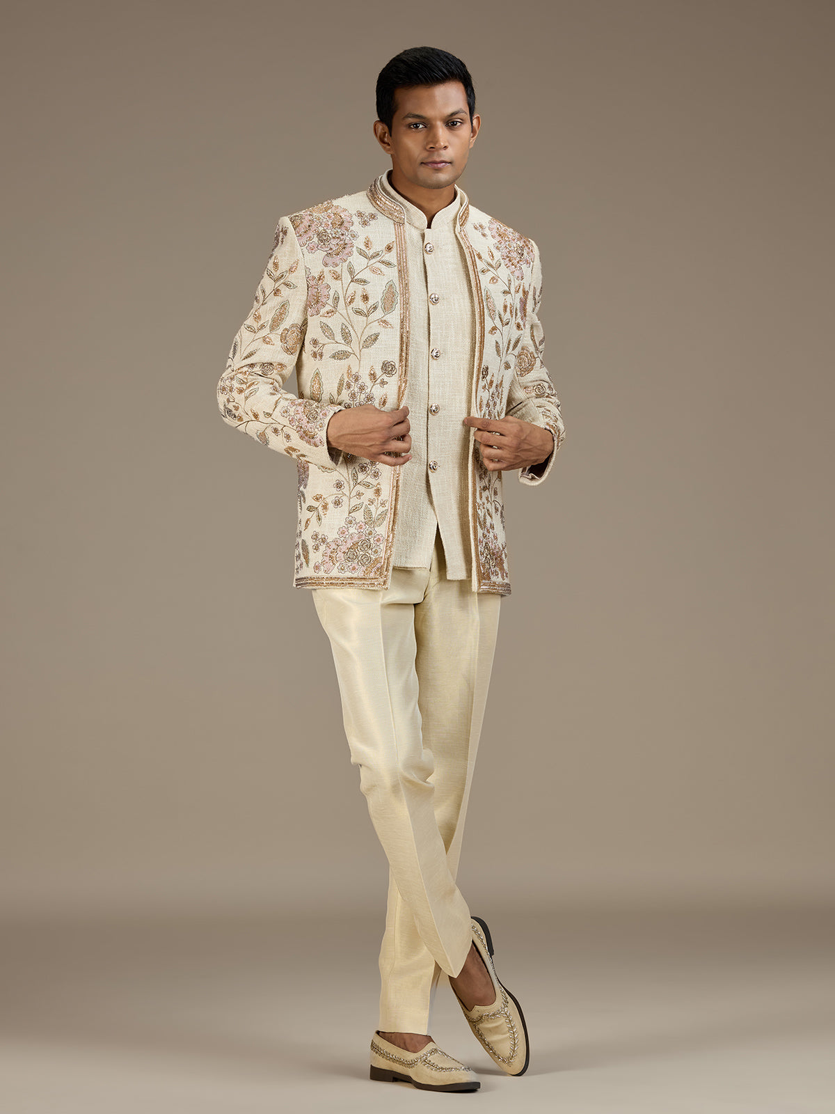 Beige mens heritage embroidered jodhpuri suit