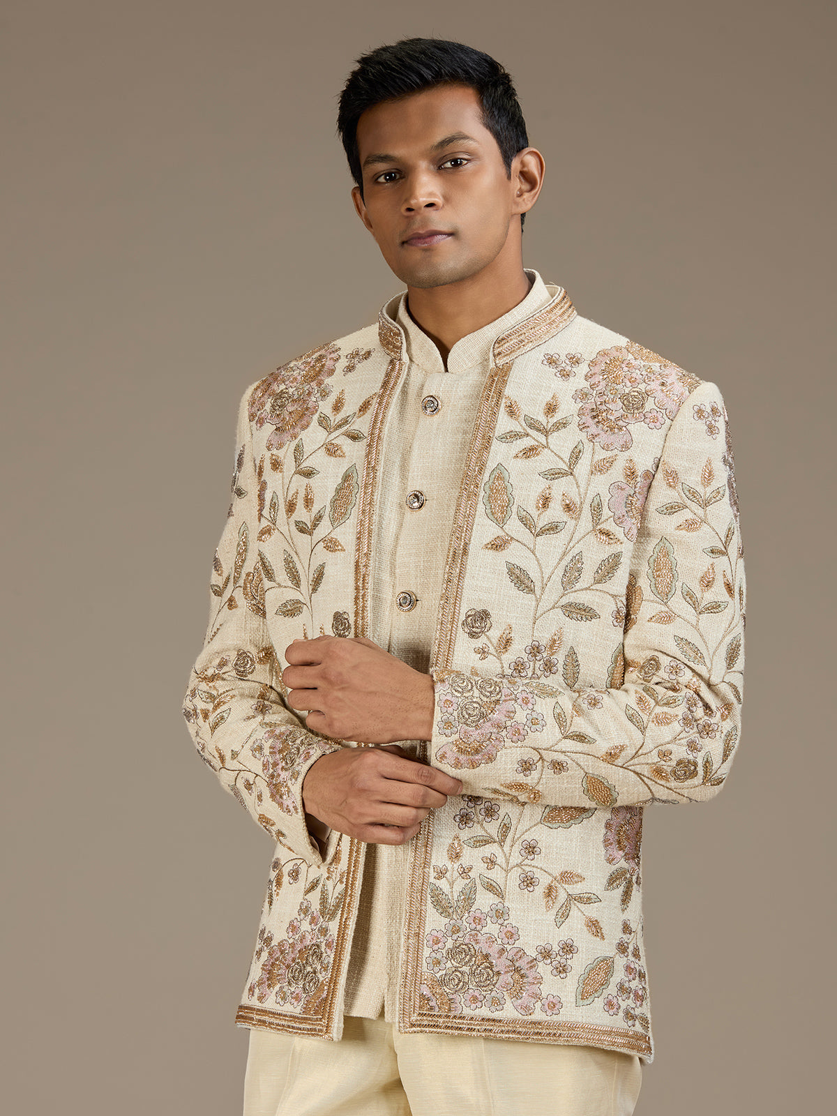 Beige mens heritage embroidered jodhpuri suit