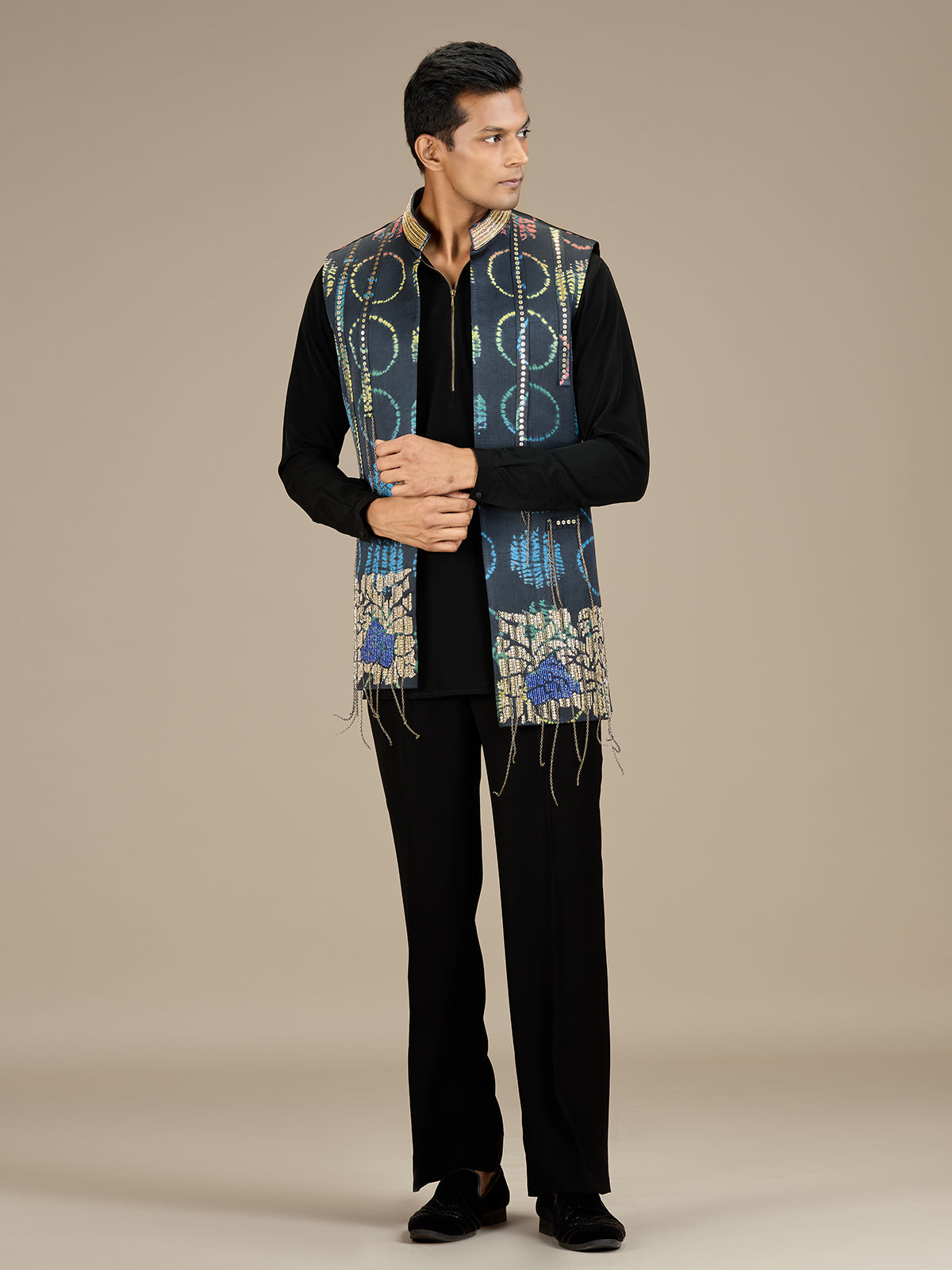 Black mens contemporary bandhani longline waistcoat set