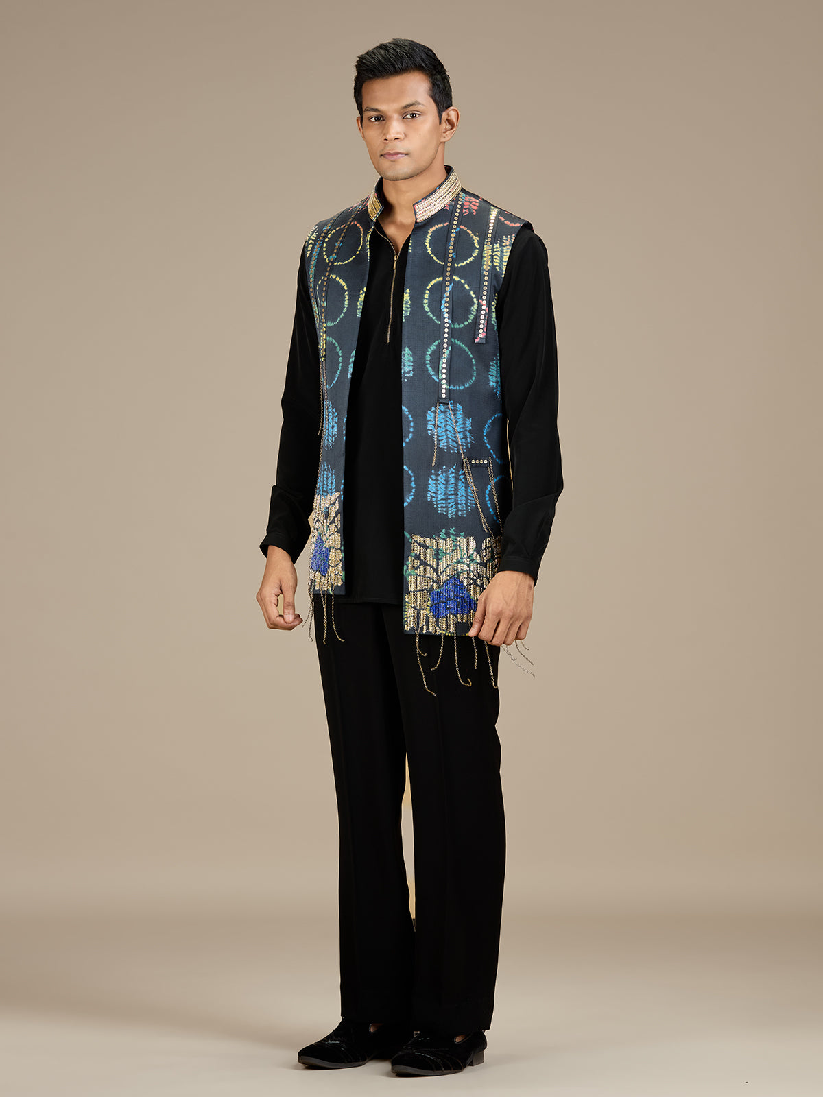 Black mens contemporary bandhani longline waistcoat set
