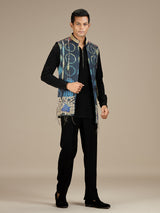Black mens contemporary bandhani longline waistcoat set