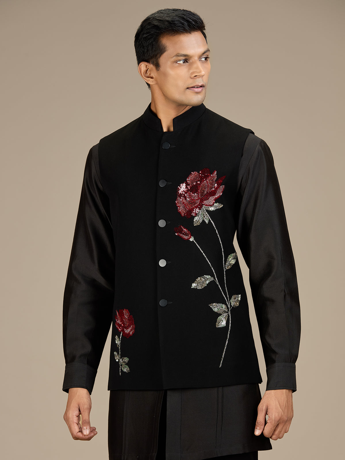 Black mens sophisticated embroidered nehru waistcoat set