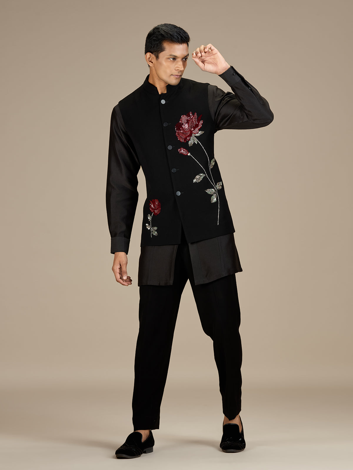 Black mens sophisticated embroidered nehru waistcoat set
