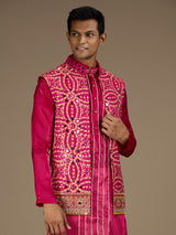 Pink mens luxurious embroidered bandhani bundi waiscoat set