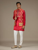 Red mens opulent bandhani nehru waistcoat set