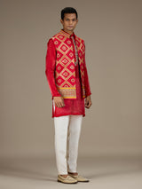 Red mens opulent bandhani nehru waistcoat set