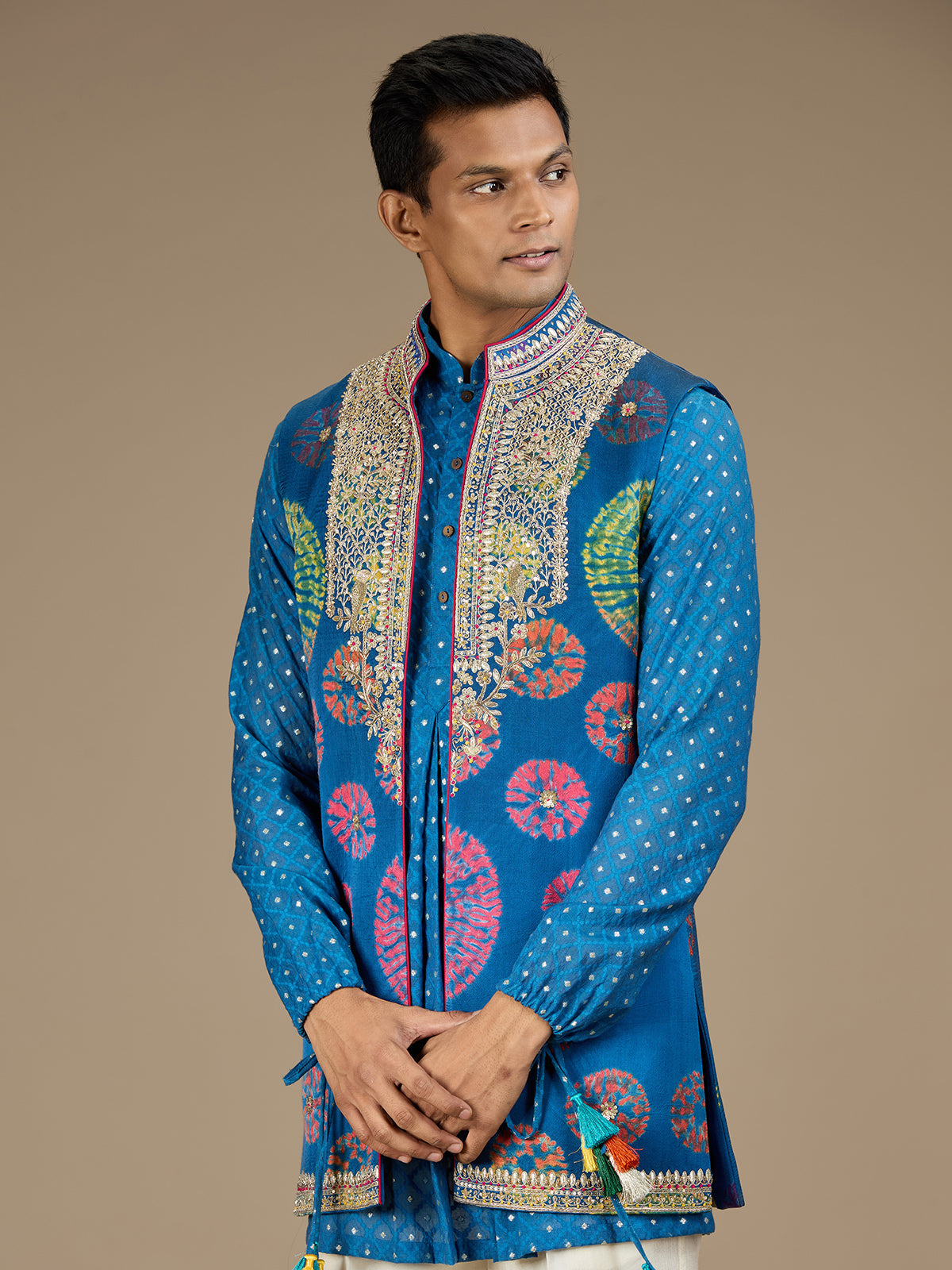 Blue mens majestic bandhani waistcoat kurta set
