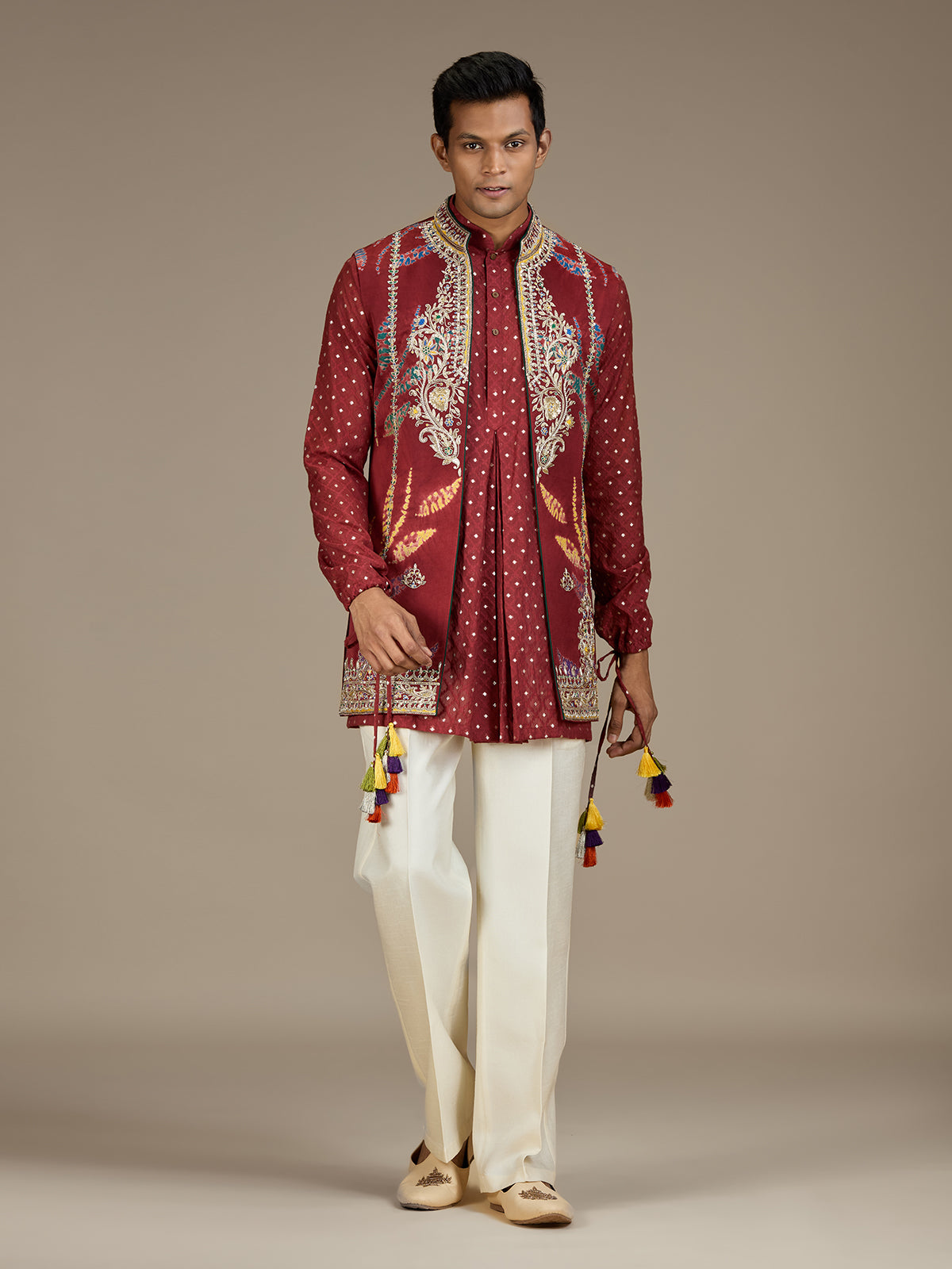Maroon mens regal bandhani waistcoat kurta set