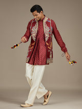 Maroon mens regal bandhani waistcoat kurta set