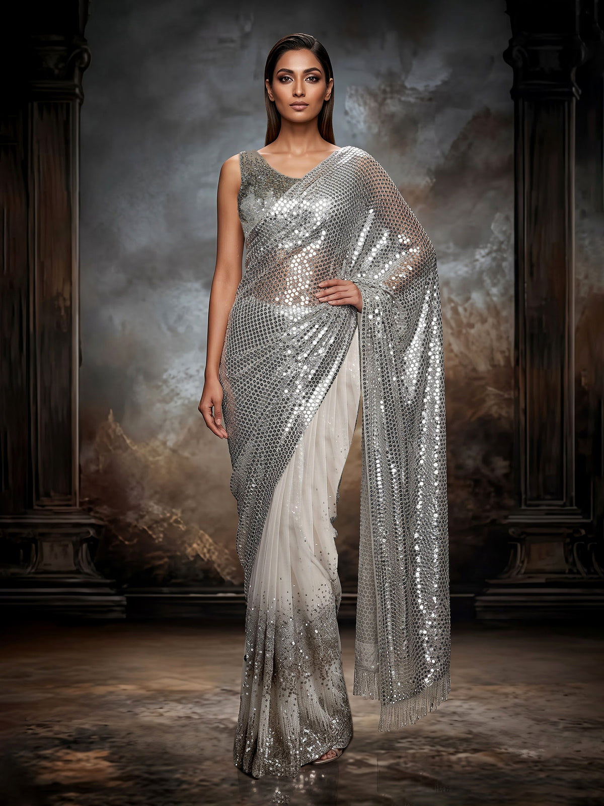 Elegant silver net saree for women with sequin cutdana detailing