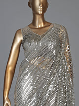 Elegant silver net saree for women with sequin cutdana detailing
