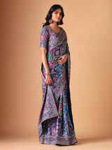Blue modal silk colorful motif embellished saree for wedding