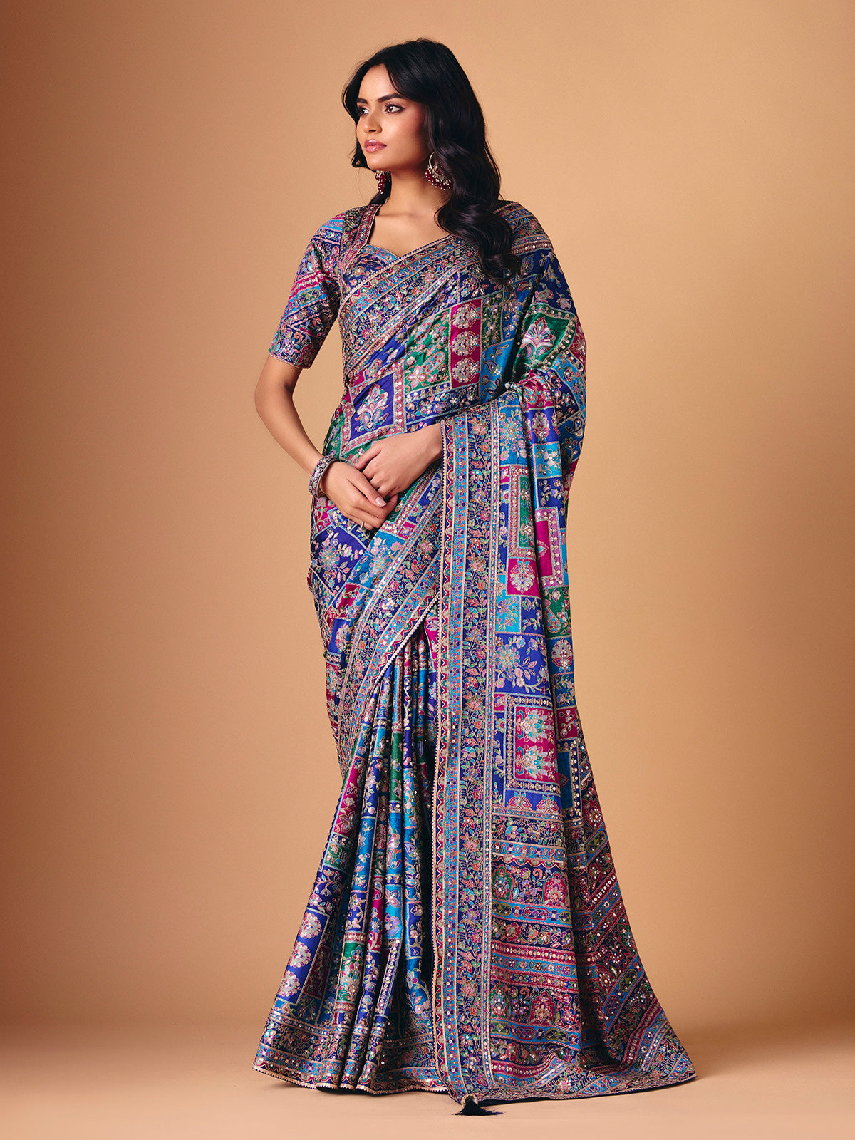 Blue modal silk colorful motif embellished saree for wedding