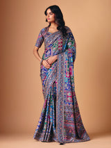 Blue modal silk colorful motif embellished saree for wedding
