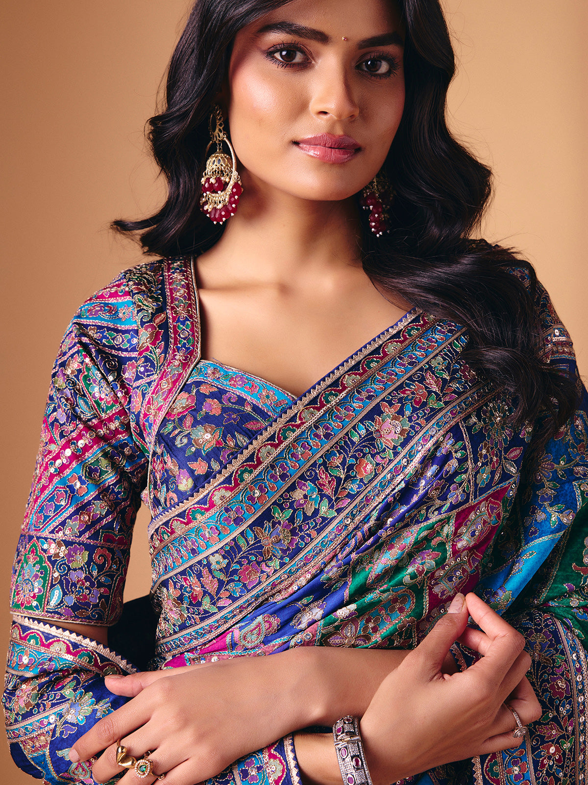 Blue modal silk colorful motif embellished saree for wedding